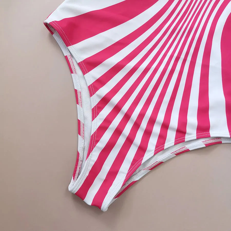 Pink striped digital print one-piece swimsuit for women shown from front and back.