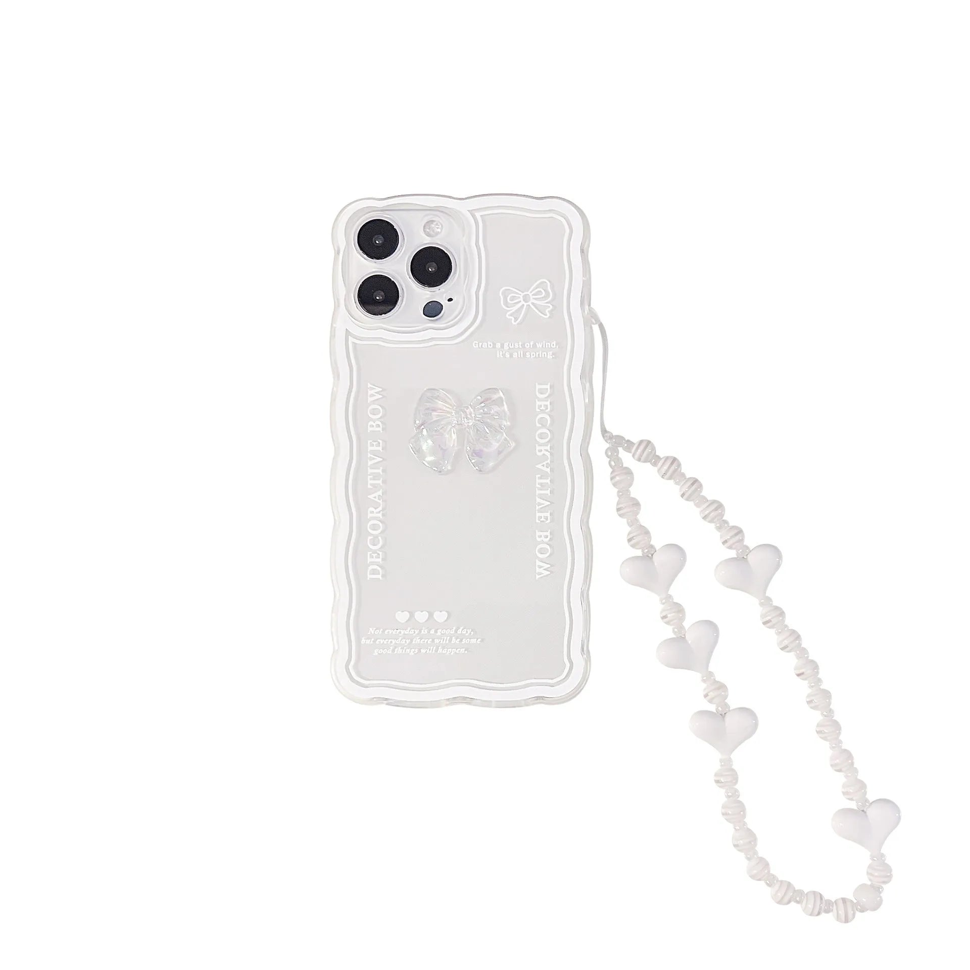 Transparent iPhone case with ice crystal bow design and white lanyard for multiple iPhone models