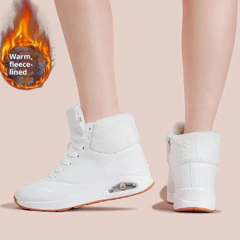 Women's fleece-lined snow boots with thick air-cushion sole, anti-slip design, mesh upper, front lacing, chain detail, low platform heel, in white, khaki, or black.