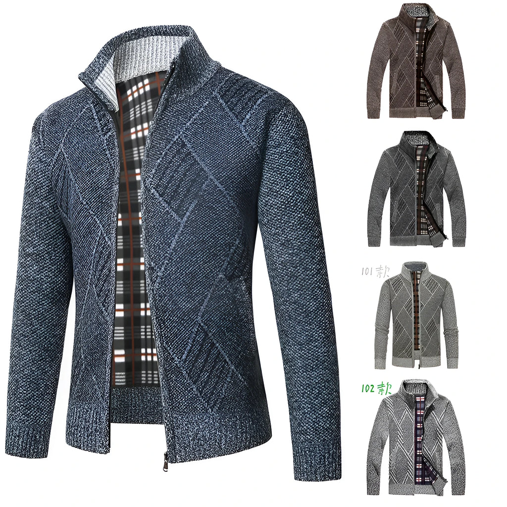 Men's thick cotton blend stand collar zipper cardigan sweater in light gray on model