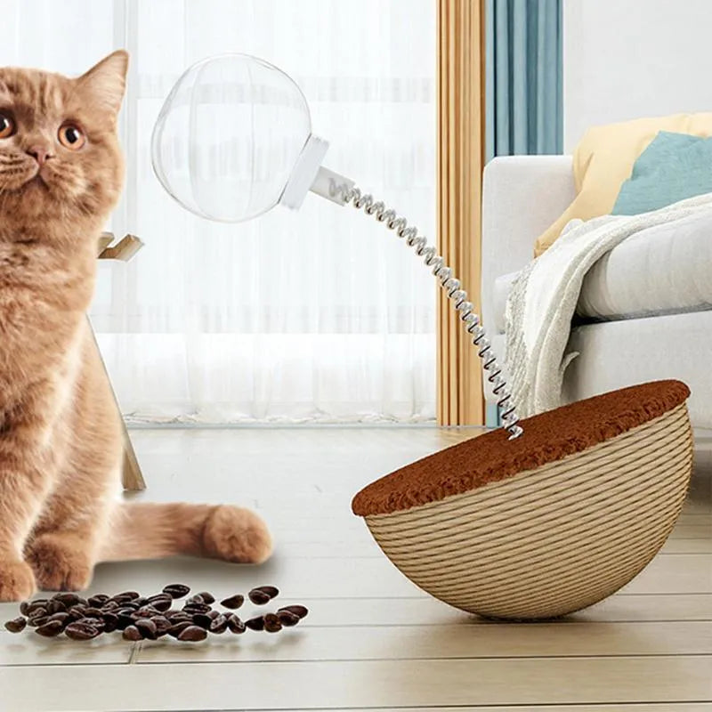 Auto-balancing cat slow feeder toy with rope and PP plastic construction for interactive feeding