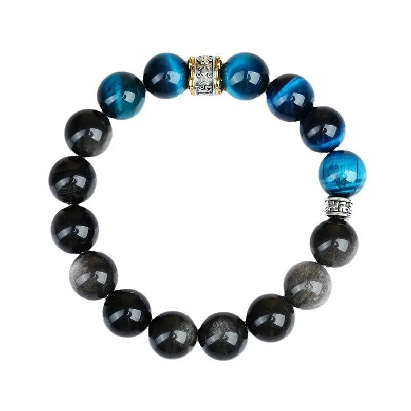 Handmade peacock blue tigereye stone bracelet with geometric ethnic design and adjustable silver fastening