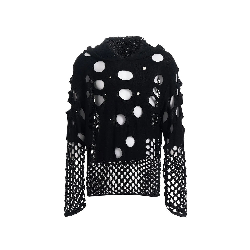 Black men's loose-fit hoodie sweater with pearl decorative trim on the hood.