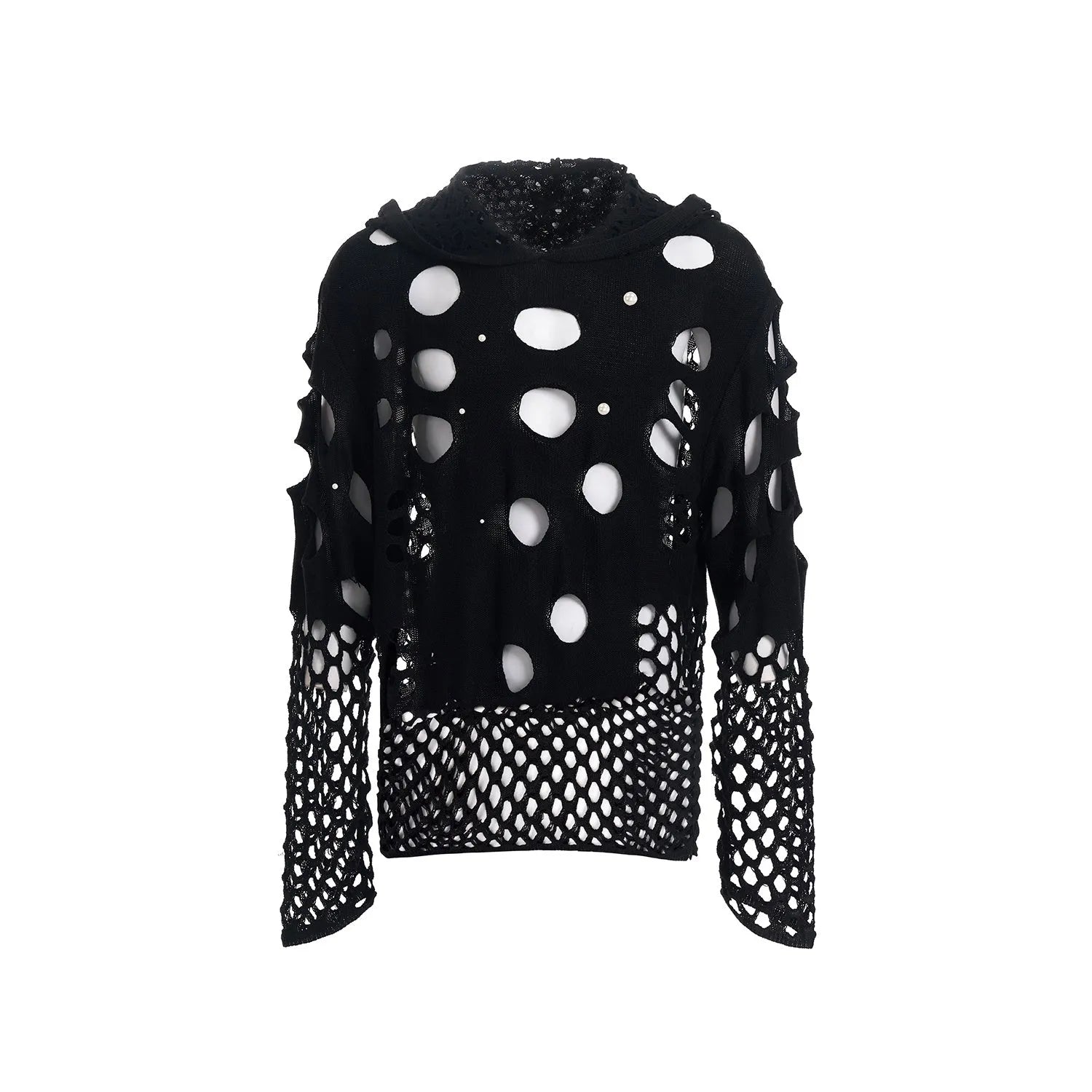 Black men's loose-fit hoodie sweater with pearl decorative trim on the hood.