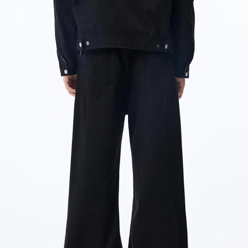 Black straight-leg men's jeans with fleece lining, cotton material, zipper fly, available in Asian sizes 28-38
