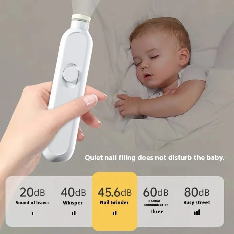 Lightweight maternal and child nail trimmer with orange unit, grinding heads, and storage box on white background