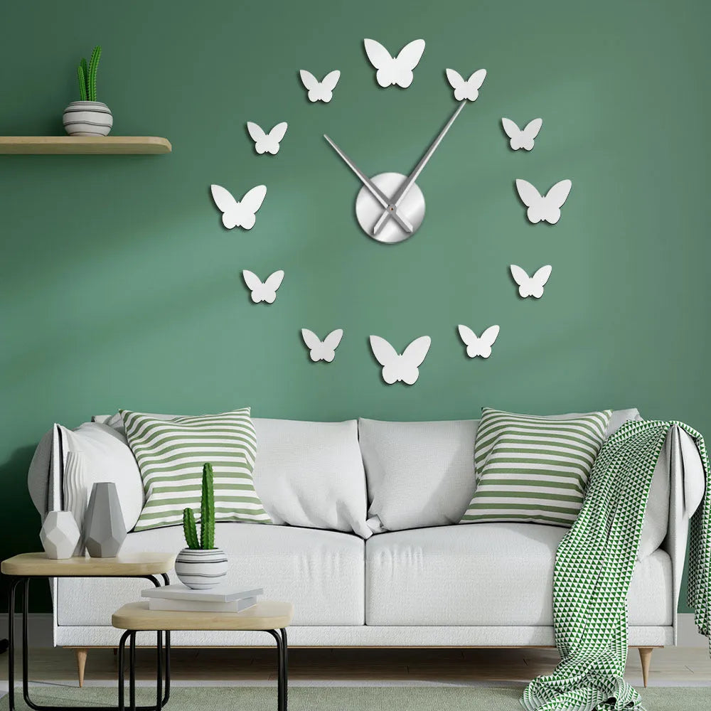 3D mirror butterfly wall clock, round Scandinavian style, available in black, gold or silver, digital display.