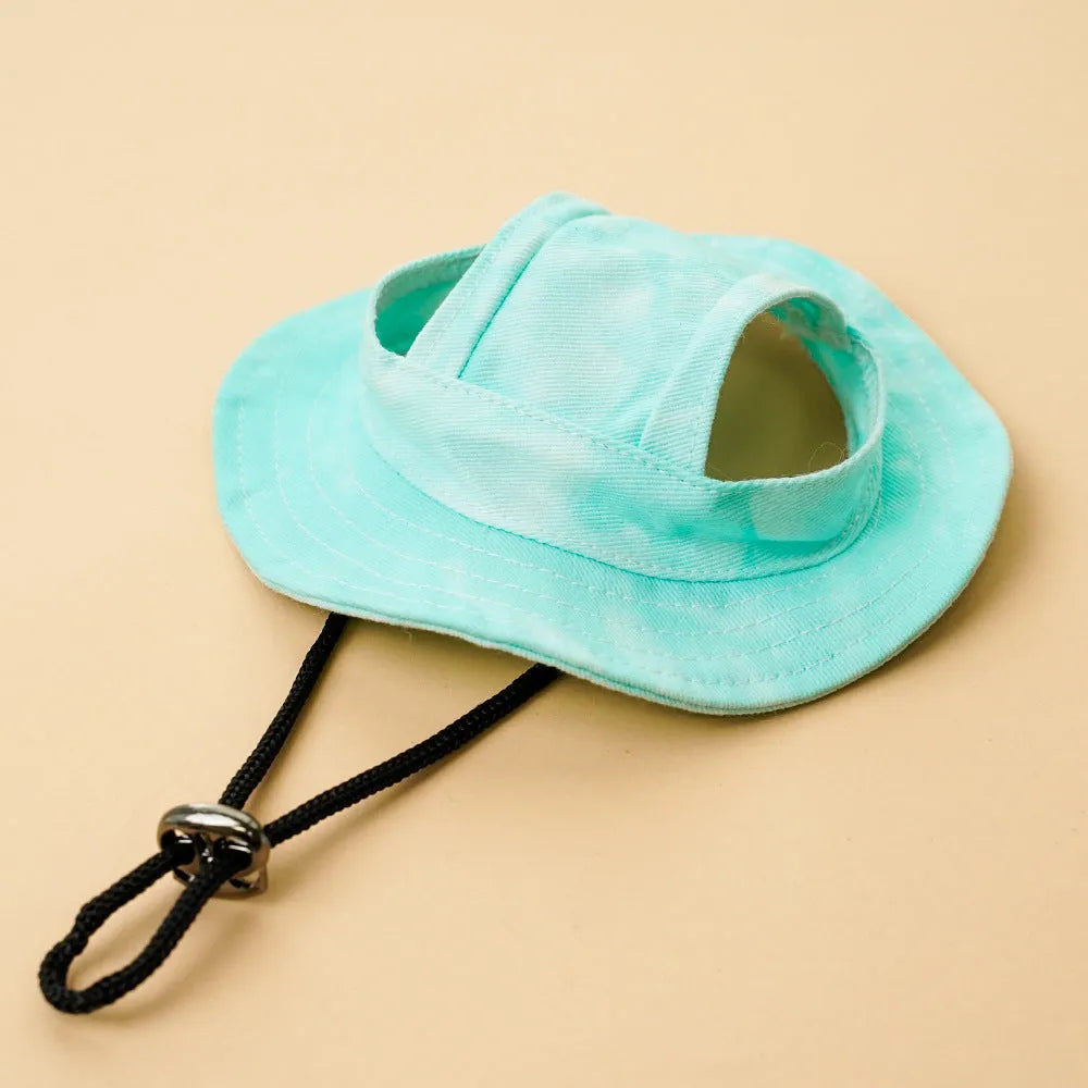 Pet sun protection hat with adjustable string clip for dogs and cats in black green light blue pink purple yellow