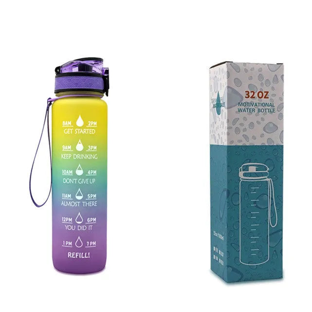 1L Tritan sports water bottle with time markers and flip-top lid in blue-red gradient colour