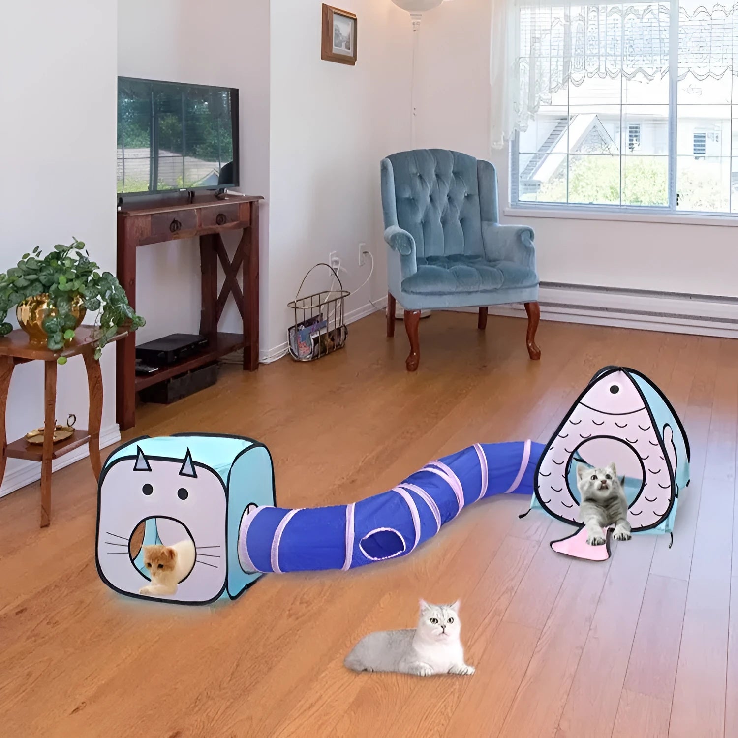 Foldable pet tent cat tunnel with cat and fish design for indoor pet play
