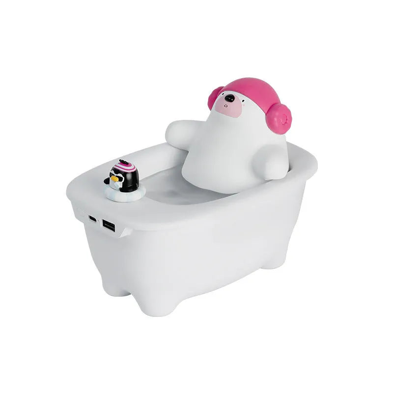 White USB air humidifier with 550ml water tank showing mist output and control buttons