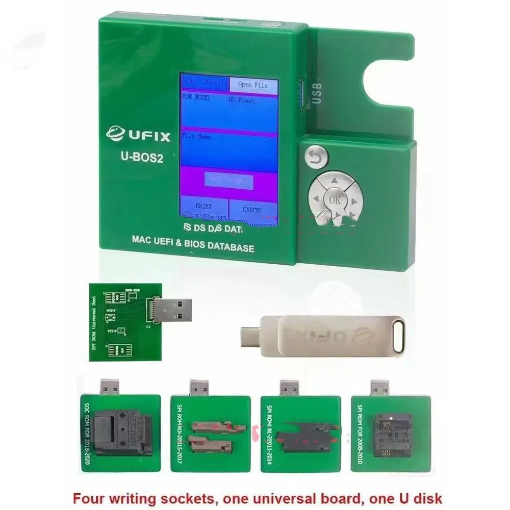 Ufix U-BOS2 green tool with LED screen, write sockets, universal board and USB flash drive for MacBook SPI ROM programming