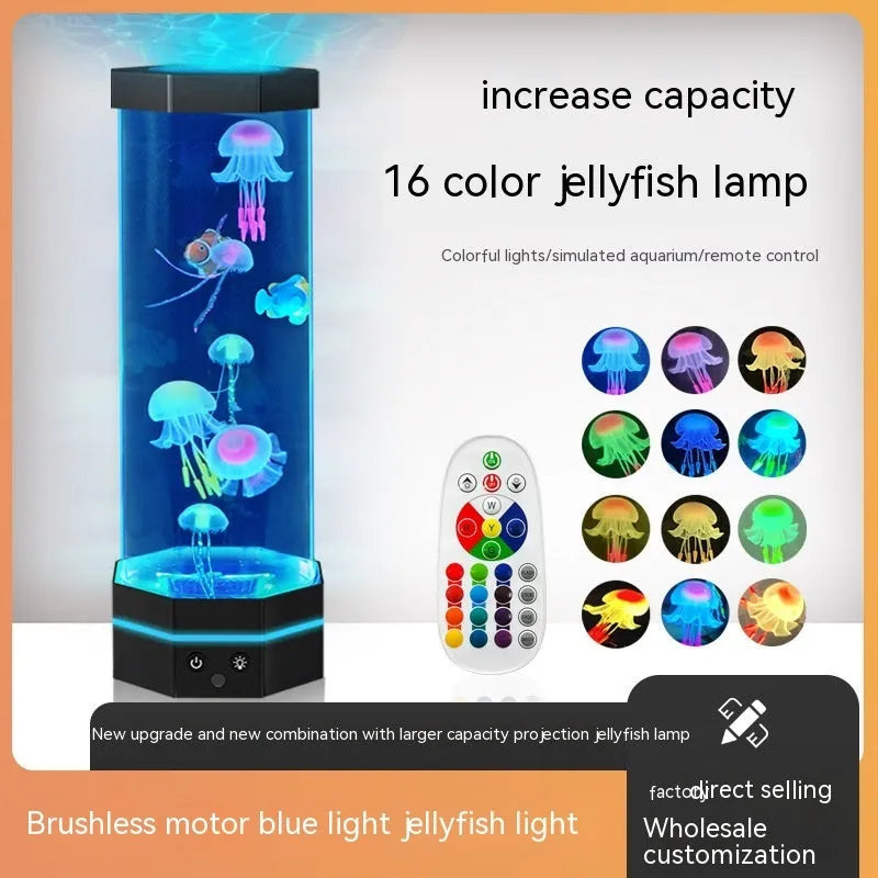 Jellyfish lava lamp 15 inch with 17 colour remote control and USB plug-in, shown in black or silver.