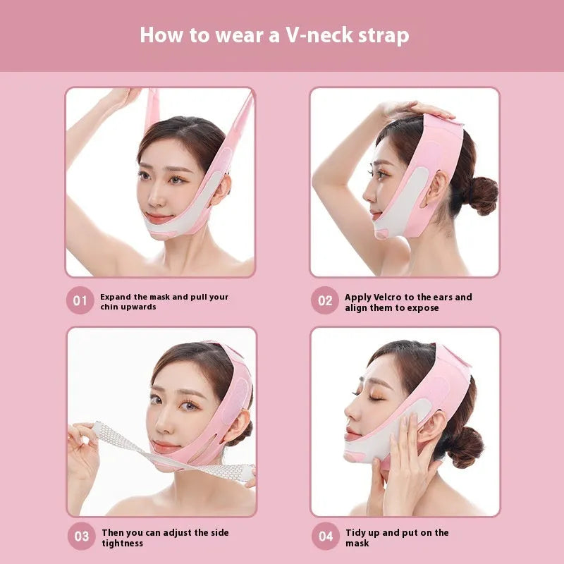 Pink elastic V-shaped face bandage with adjustable black velcro strap on a white background.
