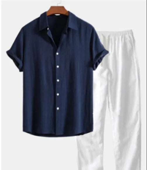 Men's slim fit floral print casual suit with cardigan-style shirt and trousers.