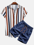 Men's digital print short sleeve shirt and matching shorts in elastic polyester fabric