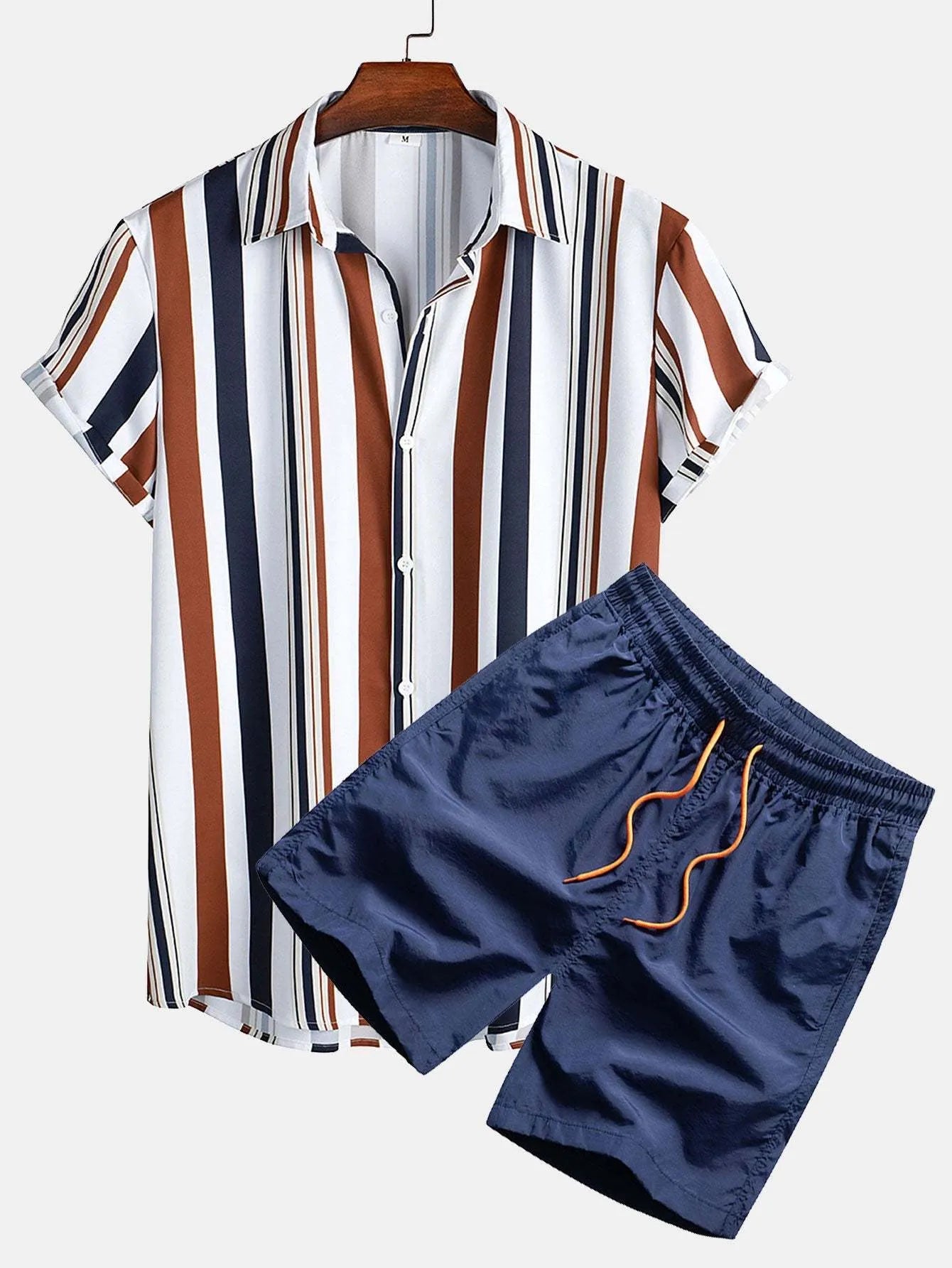 Men's digital print short sleeve shirt and matching shorts in elastic polyester fabric
