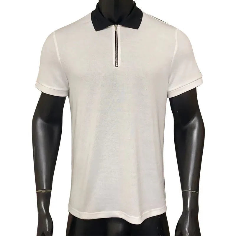 Men's pure white loose fit short sleeve polyester polo shirt with patterned print in Pattern-B353 colour option