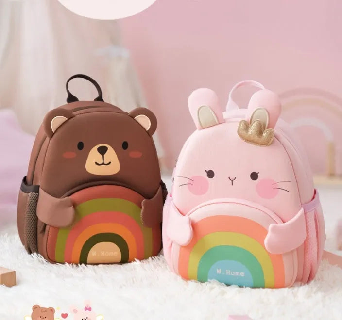 Girls' kindergarten backpack in rainbow bear pattern made from diving cloth with curved straps
