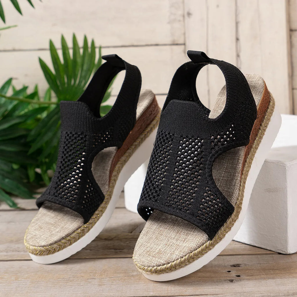 Women's hollow wedges sandals in beige with fly woven mesh upper and peep-toe design