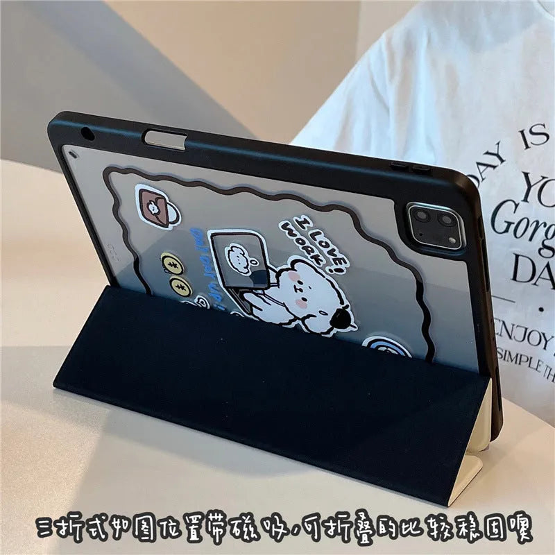 Repair Dog Cartoon Plate With Pen Slot Acrylic Soft Anti-fall Protective Cover for iPad Working Puppy
