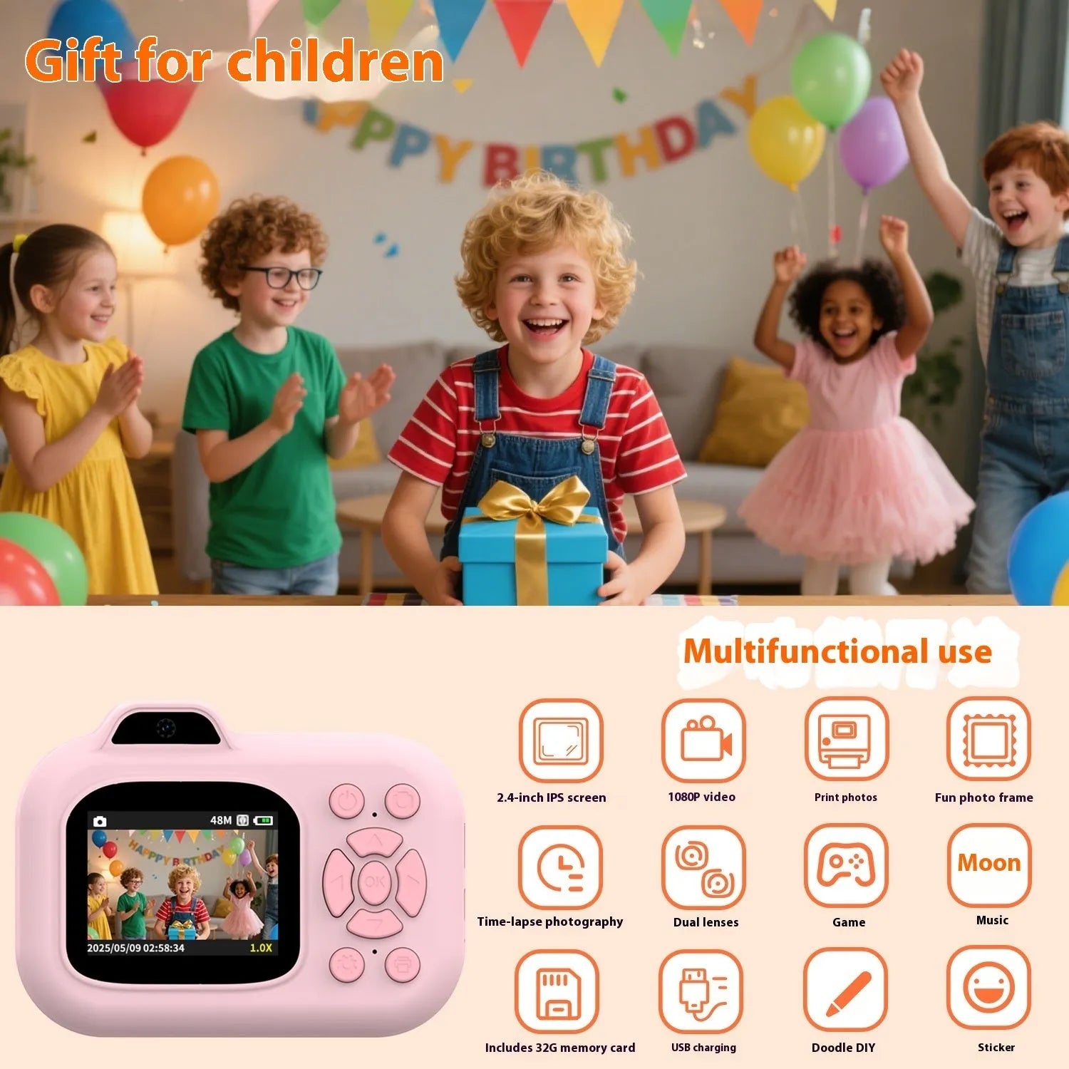 Children's digital toy camera in pink, blue, or purple colour with video recording and game functions.