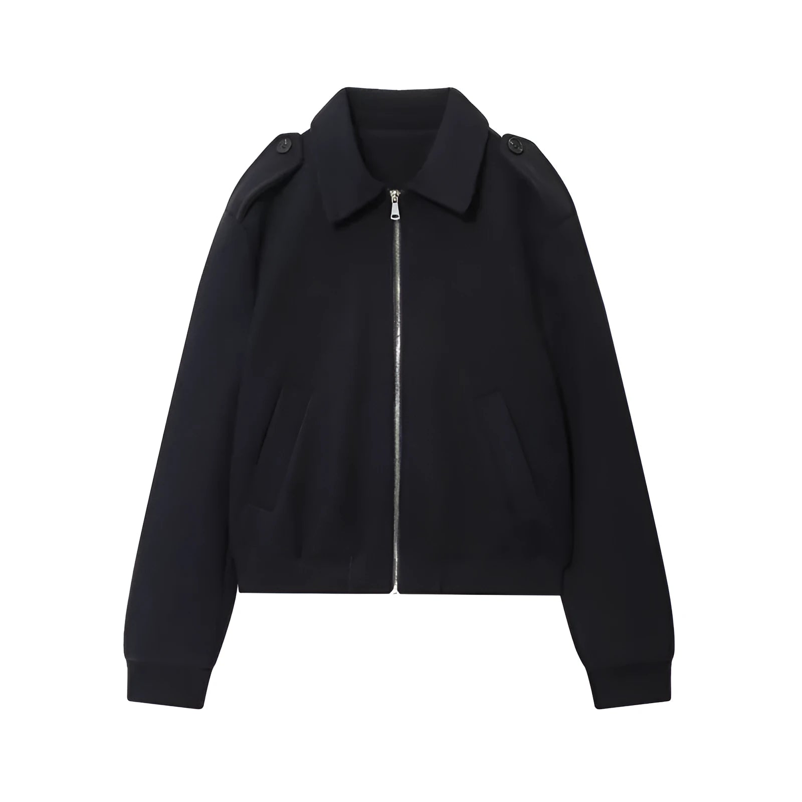 Women's navy blue PU turn-down collar coat with zipper front and long sleeves, casual medium-thickness jacket