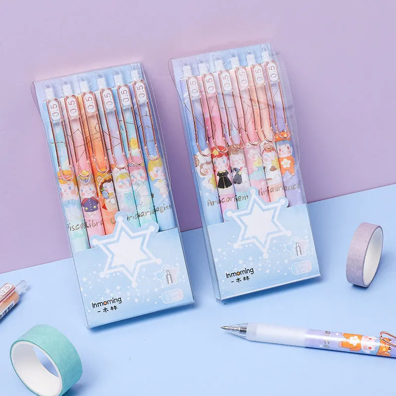 Set of six constellation-themed press gel pens with 0.5mm tips in plastic shells