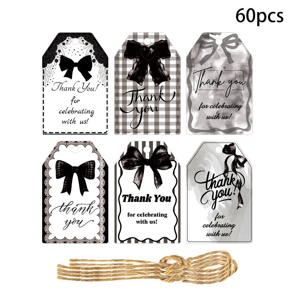 Three styles of bowknot-themed paper gift tags with natural hemp rope for birthday parties