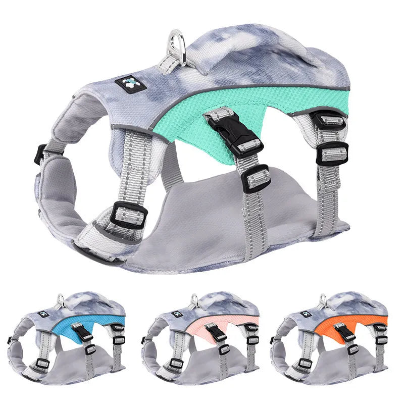 Reflective dog harness chest strap in light blue, shown with adjustable sizing clips.