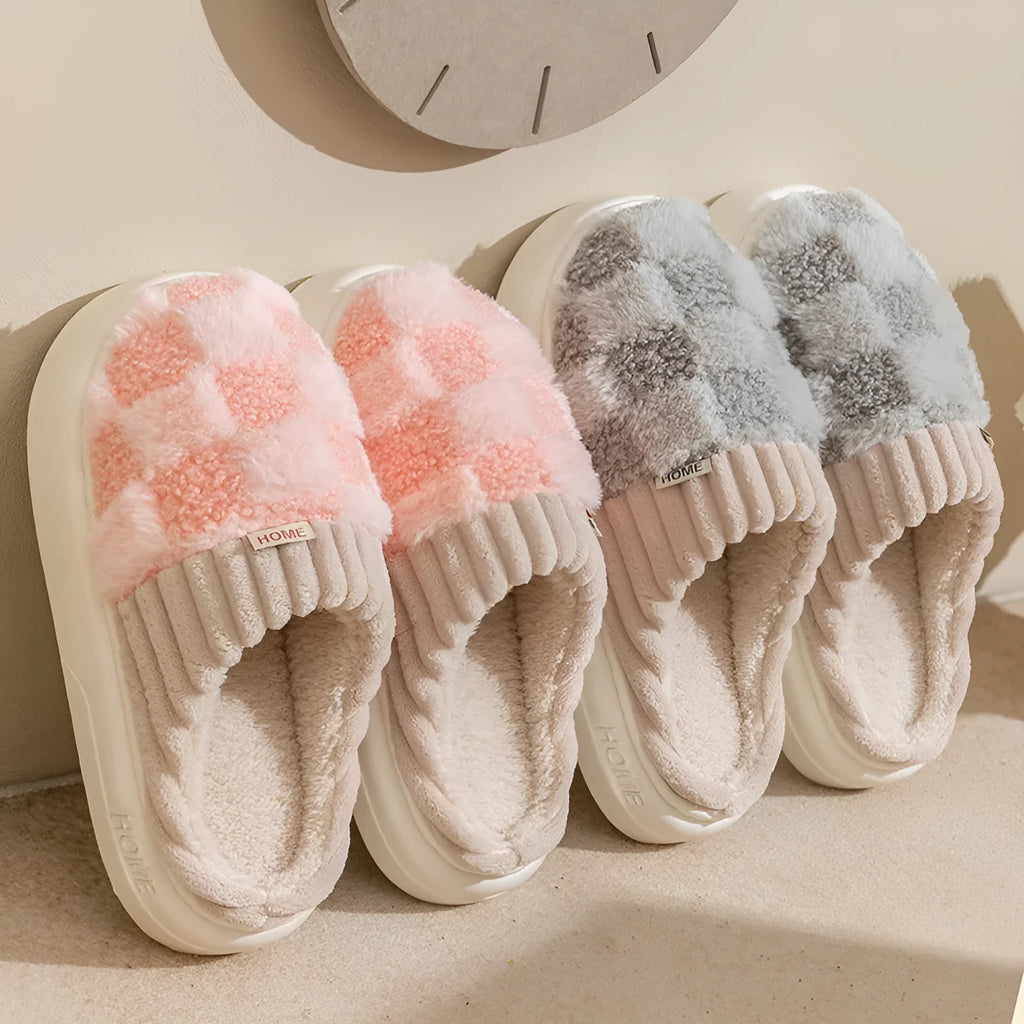 Women's plush indoor slippers in coffee colour with round toe and non-slip PVC sole.
