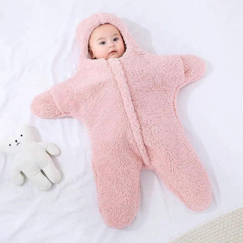 Baby sleeping bag with hood in cashmere and cotton, showing zipper and cuffs.
