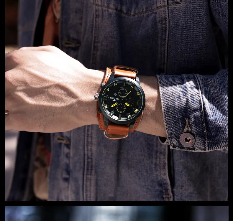 Casual waterproof watch with nubuck leather strap, black shell, 40.5mm dial, perspective window