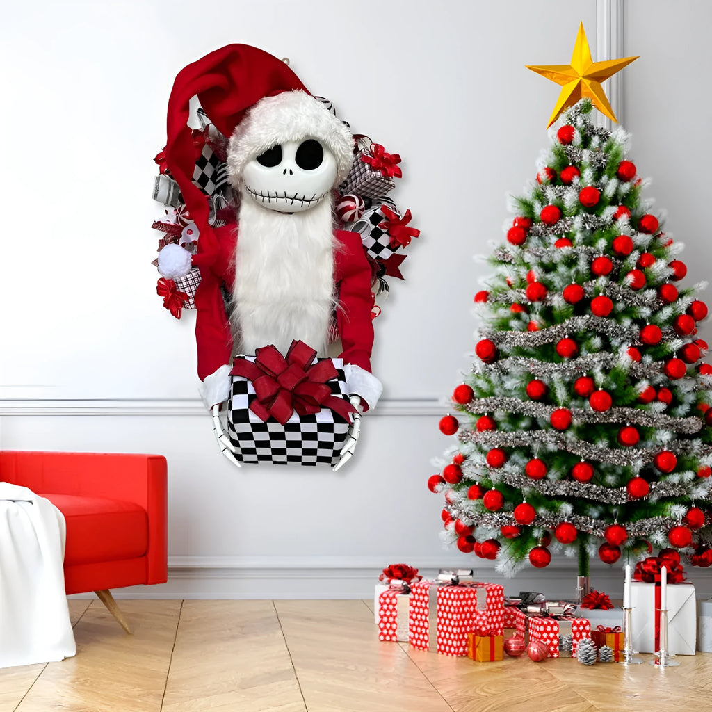 Christmas Jack doll garland in cartoon style made from wooden and cloth materials for holiday window display