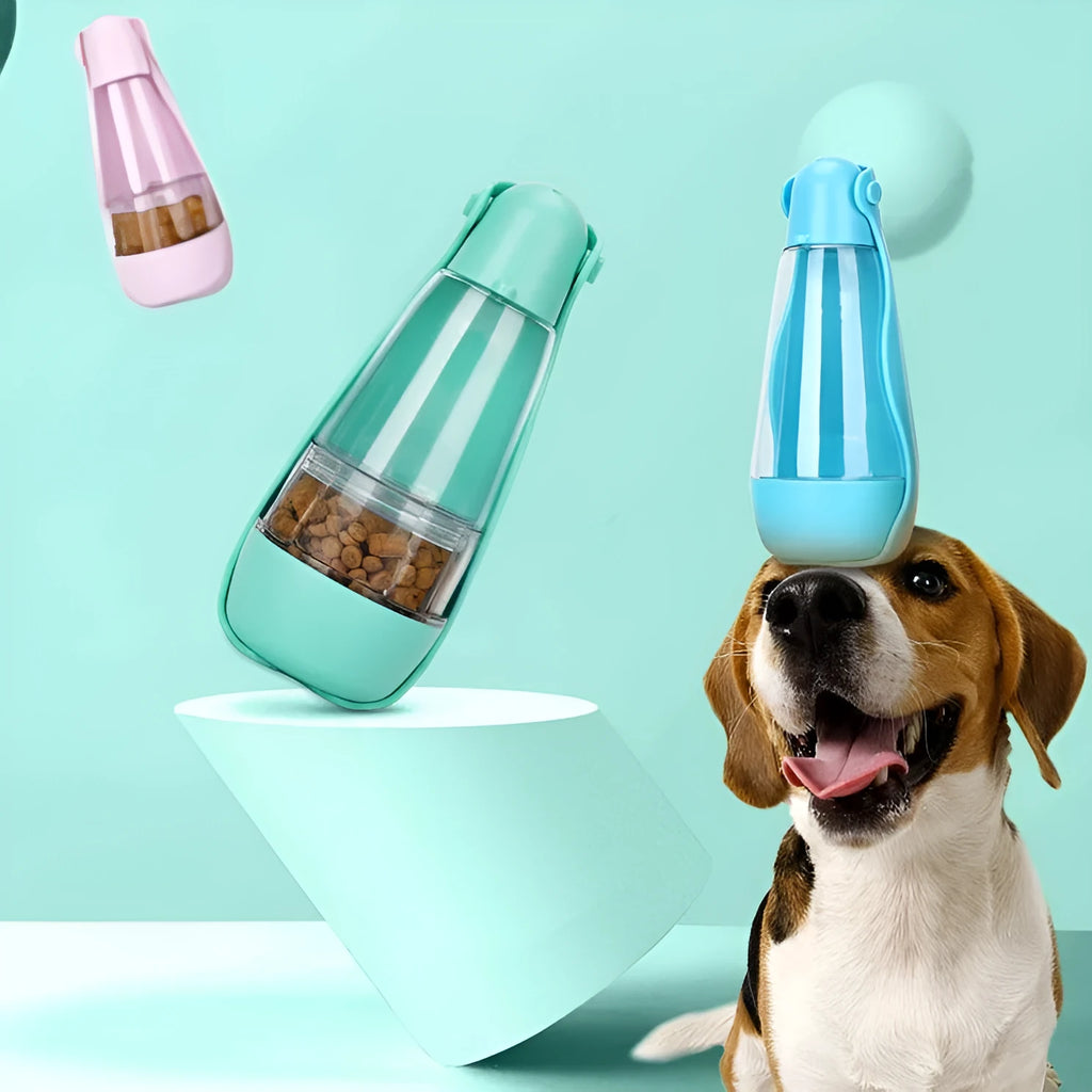 Portable pet food and water cup in ABS and PET, 83 x 83 x 203 mm, shown in Macaron Powder, Avocado Green, Tiffany Blue, or fluorescent colour