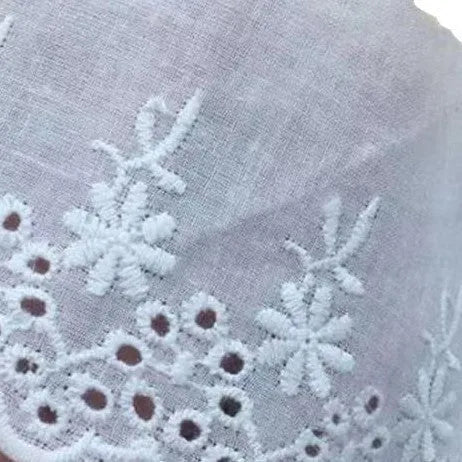 Cotton embroidered lace cutout trim roll showing four different width options for DIY clothing projects