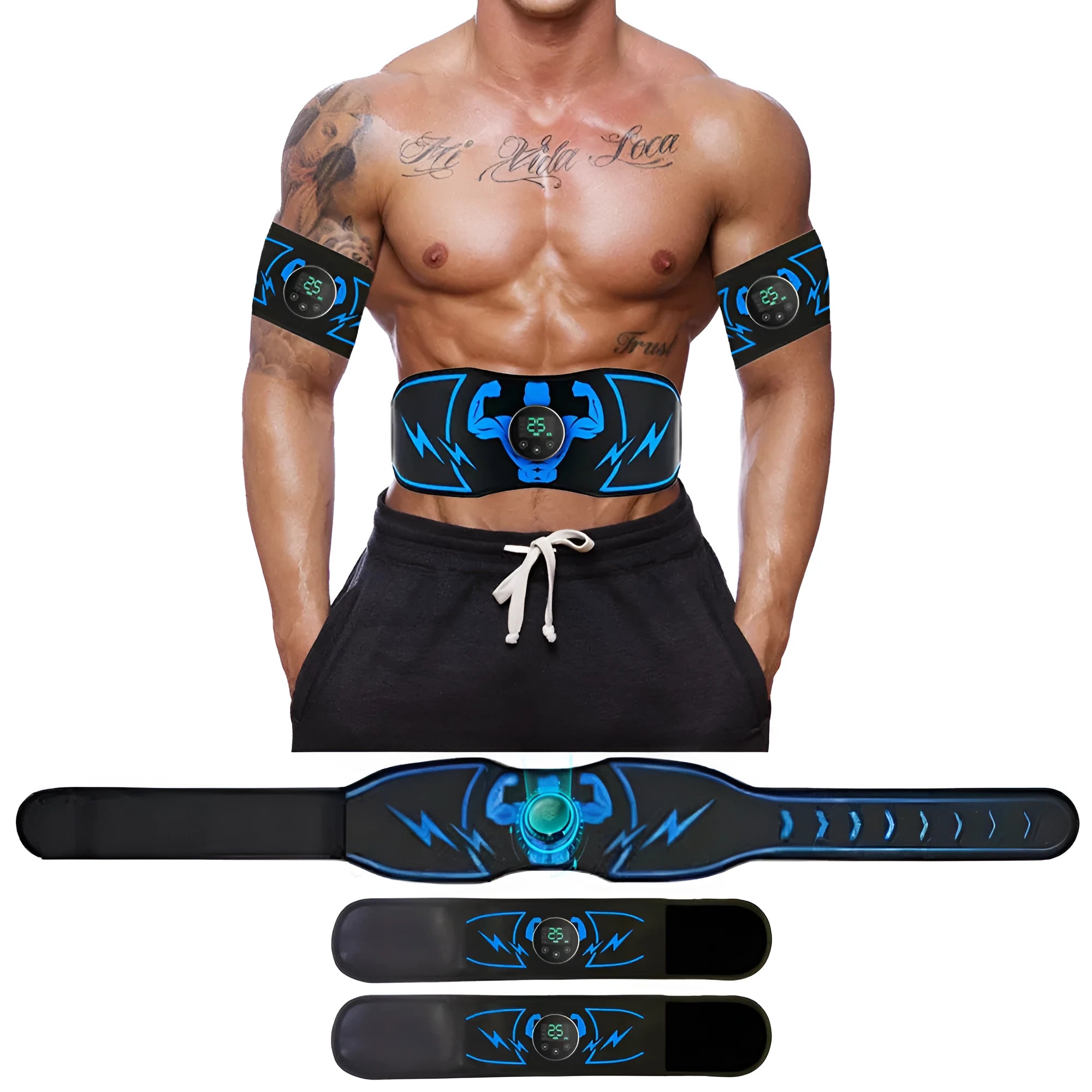 Blue EMS abdominal muscle stimulator belt with wireless remote control and adhesive arm stickers