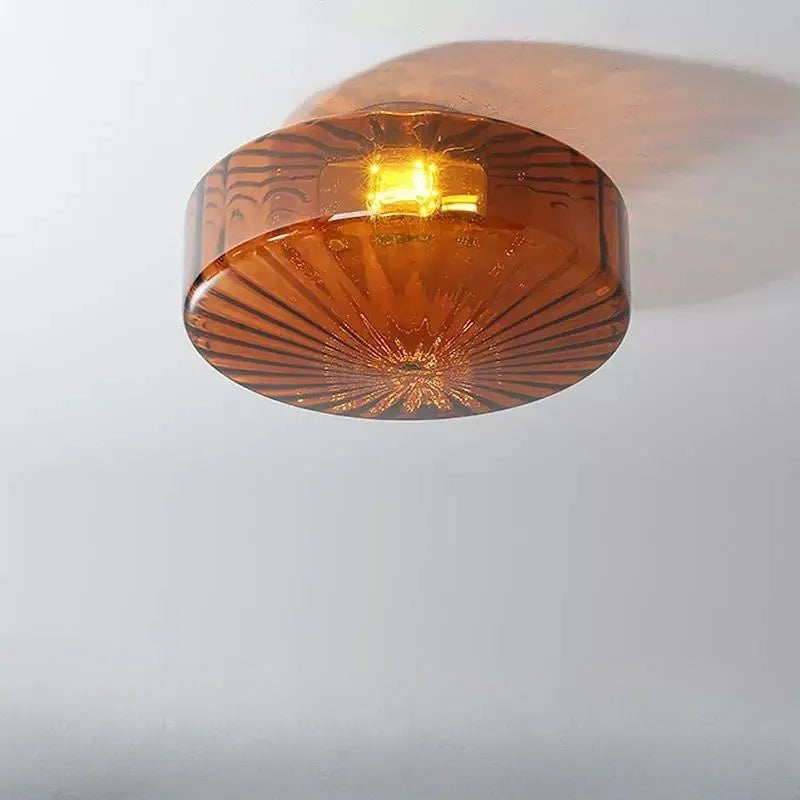 Mid-ancient French style round ceiling lamp with water pattern glass shade and iron body, 20cm diameter