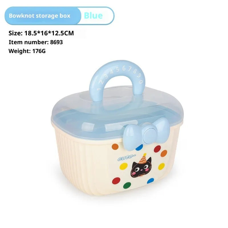 Layered portable medicine storage box in plastic, shown in light blue and ankarat red, small and large sizes.