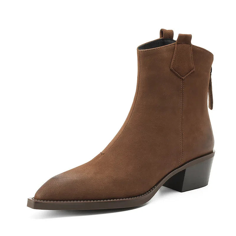 Women's retro Martin boots in light brown with pointed toe, chunky heel, and sewing thread detail