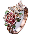 Adjustable oil-drop effect butterfly personality ring in fairy style with floral insect leaf motifs