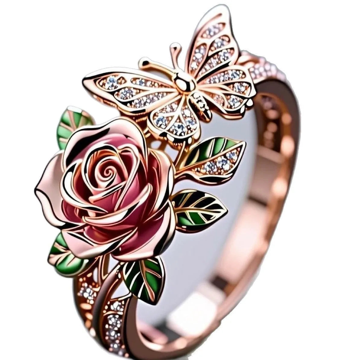 Adjustable oil-drop effect butterfly personality ring in fairy style with floral insect leaf motifs