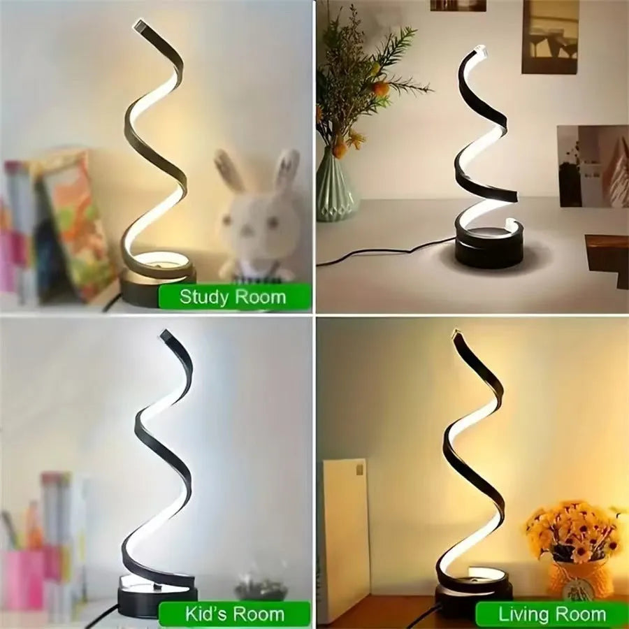 USB powered spiral LED desk lamp in black, compact adjustable design for desk use