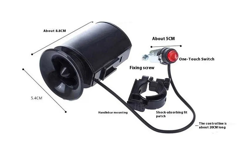 Black plastic bicycle electronic horn with push button on handlebar mount