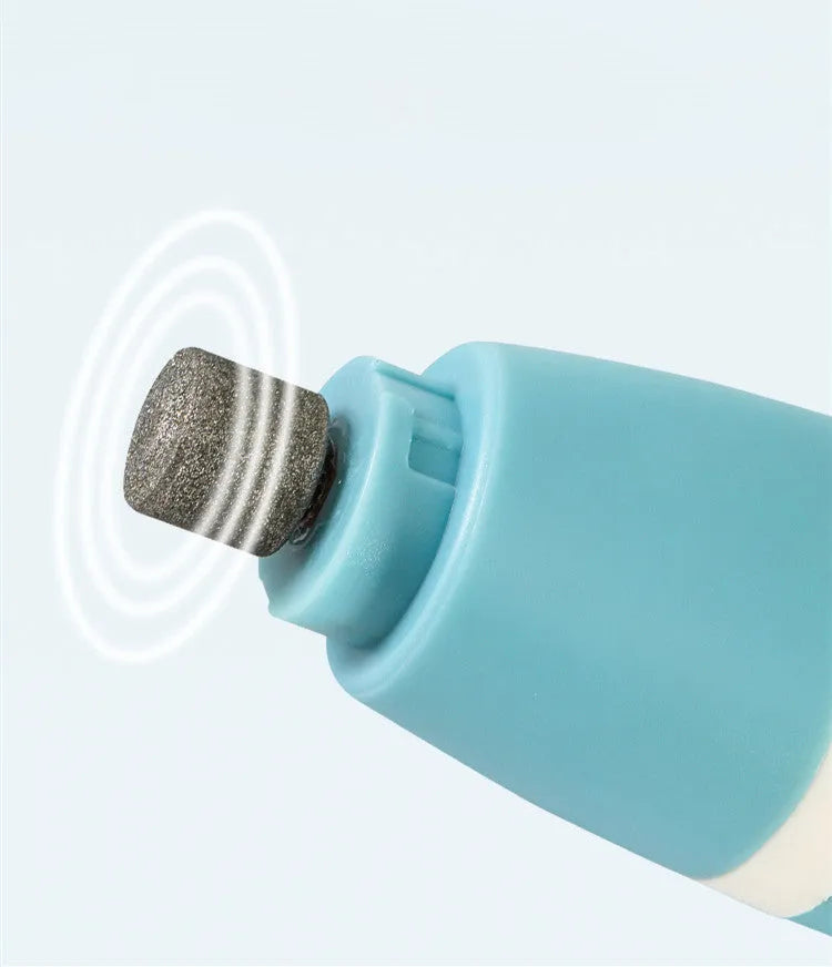 Dual purpose pet hair trimmer and nail polisher in Blue or White, ABS body, USB rechargeable, with accessories