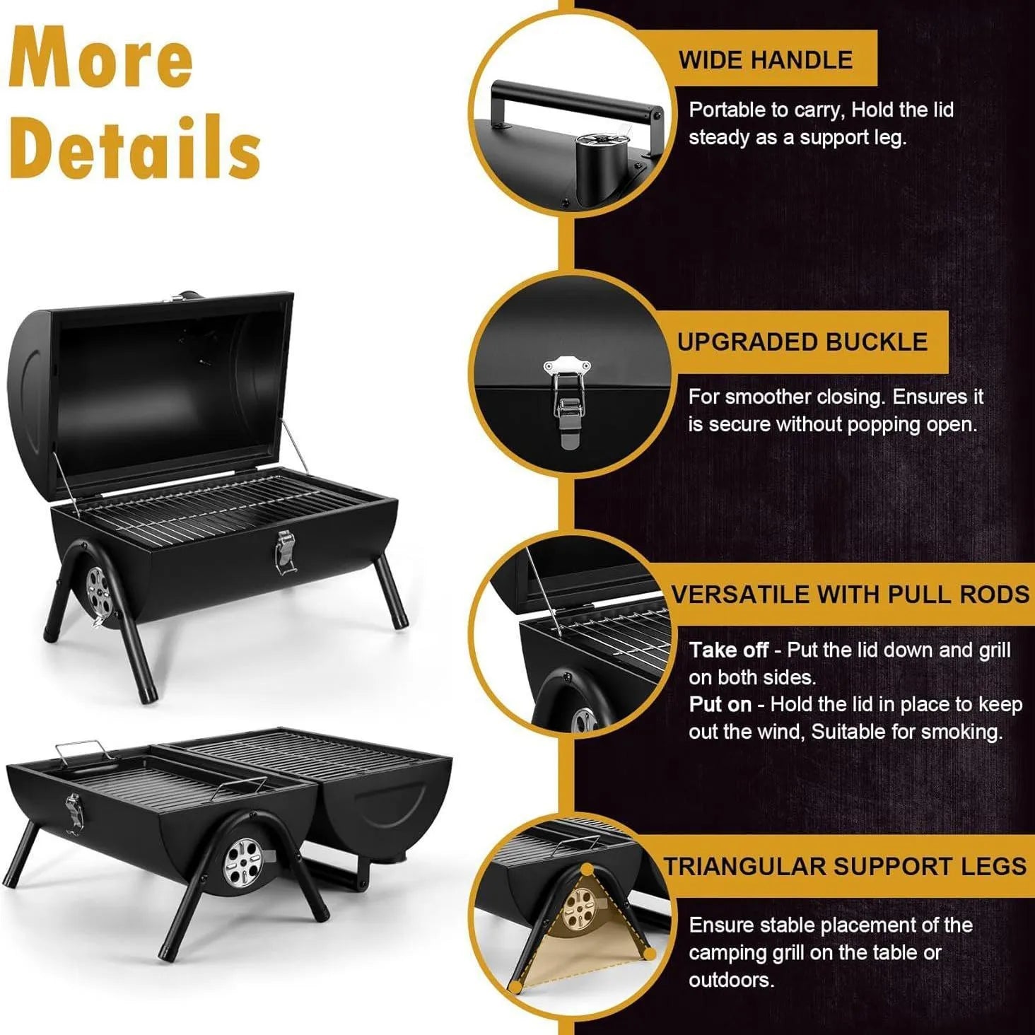 Small black folding metal desktop barbecue with a grill, set up for use.