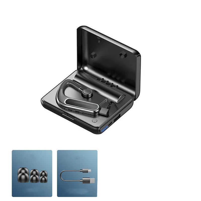Black Bluetooth hanging ear earphones shown with a charging warehouse and three sizes of ear caps.