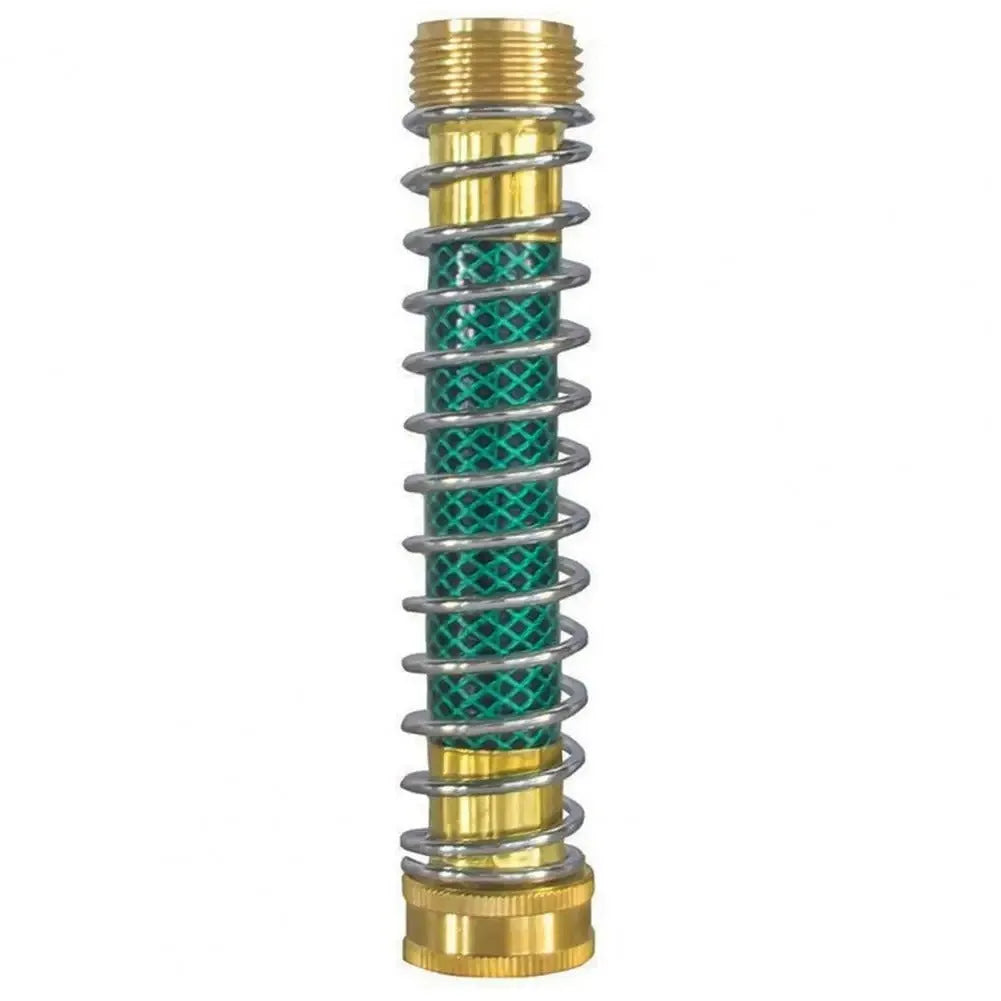Close-up of a brass spring hose connector showing the spiral spring and 3/4 inch threaded fittings