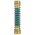 Close-up of a brass spring hose connector showing the spiral spring and 3/4 inch threaded fittings