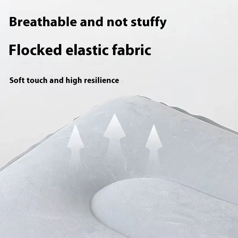 Inflatable seat cushion with flocked texture shown inflated and folded